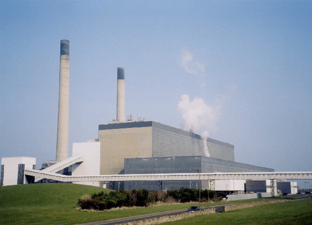 Cockenzie Power Station with its Coal Feed Conveyer and twin 100m-tall Chimneys