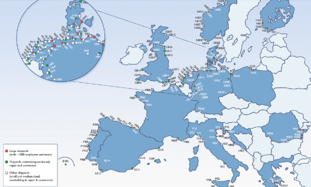 Map of European Shipyards Coded by Size