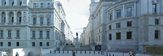 The Heart of Imperial Britain: Clive of India dominates St Charles St with the Churchill War Rooms entrance on the right