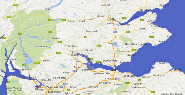 Effect of 8m Rise in sea Level in Central Scotland (purple indicates flooded land)