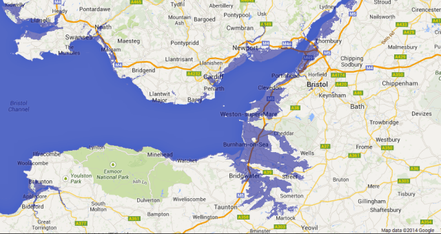 Effect of 8m Rise in sea Level on Bristol Channel (purple indicates flooded land)