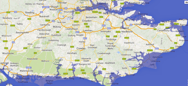 Effect of 8m Rise in sea Level on Thames (purple indicates flooded land)